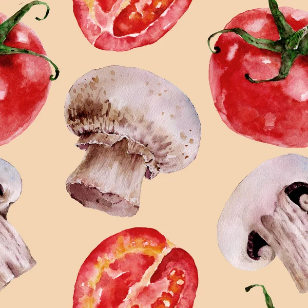 Modello senza cuciture con pomodori, champignon, funghi. Illustrazione ad acquerello . — Foto Stock