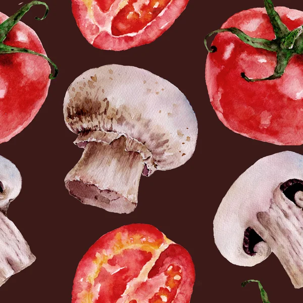 Бесшовный узор с помидорами, шампанским, грибами. Акварель . — стоковое фото