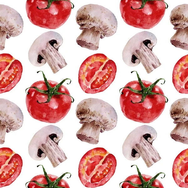 Nahtloses Muster mit Tomaten, Champignon, Pilzen. Aquarellillustration. — Stockfoto
