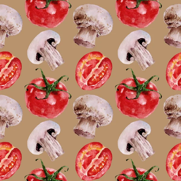 Seamless pattern with tomatoes, champignon, mushrooms. Watercolor   illustration. — Stock Photo, Image