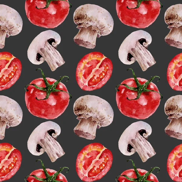 Modello senza cuciture con pomodori, champignon, funghi. Illustrazione ad acquerello . — Foto Stock