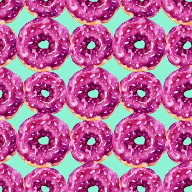 Lezzetli donuts ile Seamless modeli. Suluboya resim.