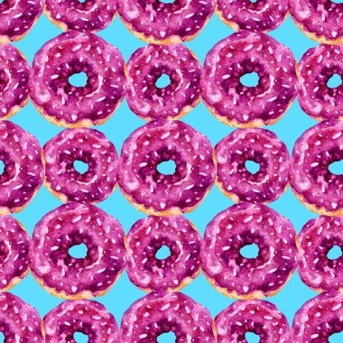 Lezzetli donuts ile Seamless modeli. Suluboya resim.