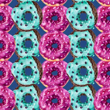 Lezzetli donuts ile Seamless modeli. Suluboya resim.