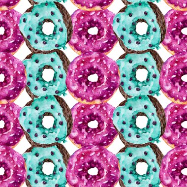 Lezzetli donuts ile Seamless modeli. Suluboya resim.