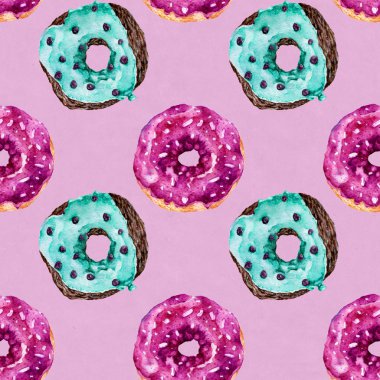 Lezzetli donuts ile Seamless modeli. Suluboya resim.