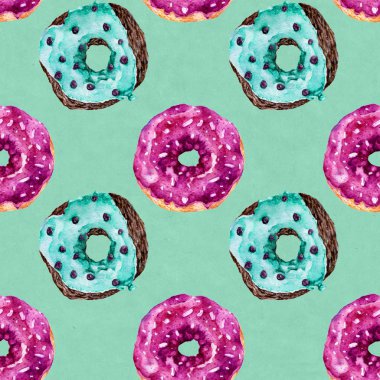 Lezzetli donuts ile Seamless modeli. Suluboya resim.