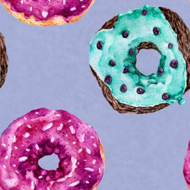 Lezzetli donuts ile Seamless modeli. Suluboya resim.