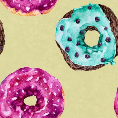 Lezzetli donuts ile Seamless modeli. Suluboya resim.