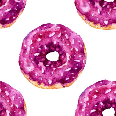 Lezzetli donuts ile Seamless modeli. Suluboya resim.