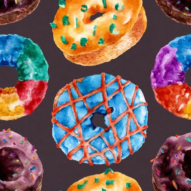 Lezzetli donuts ile Seamless modeli. Suluboya resim.
