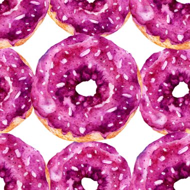 Lezzetli donuts ile Seamless modeli. Suluboya resim.