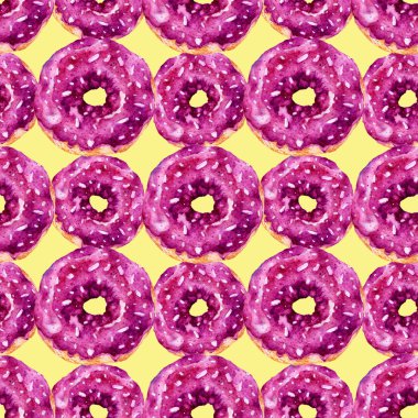 Lezzetli donuts ile Seamless modeli. Suluboya resim.