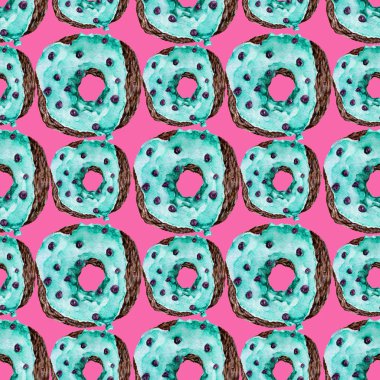 Lezzetli donuts ile Seamless modeli. Suluboya resim.