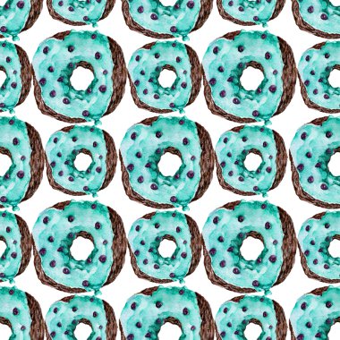 Lezzetli donuts ile Seamless modeli. Suluboya resim.