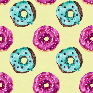 Lezzetli donuts ile Seamless modeli. Suluboya resim.