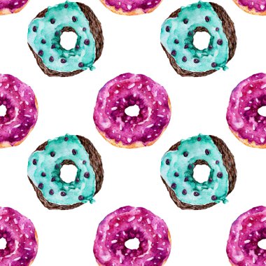 Lezzetli donuts ile Seamless modeli. Suluboya resim.