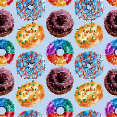 Lezzetli donuts ile Seamless modeli. Suluboya resim.