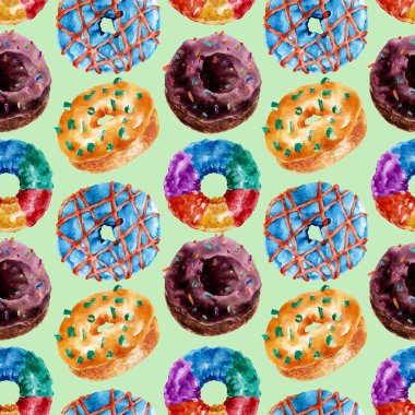 Lezzetli donuts ile Seamless modeli. Suluboya resim.
