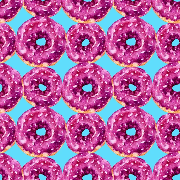 おいしいドーナツとシームレスなパターン。水彩イラスト. — ストック写真