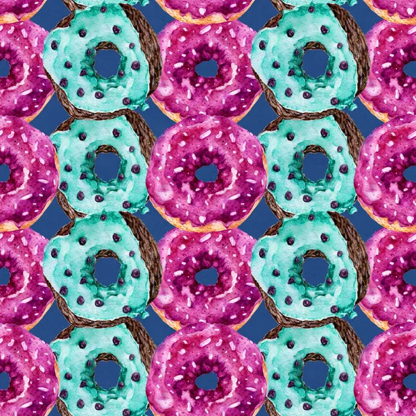 Lezzetli donuts ile Seamless modeli. Suluboya resim.