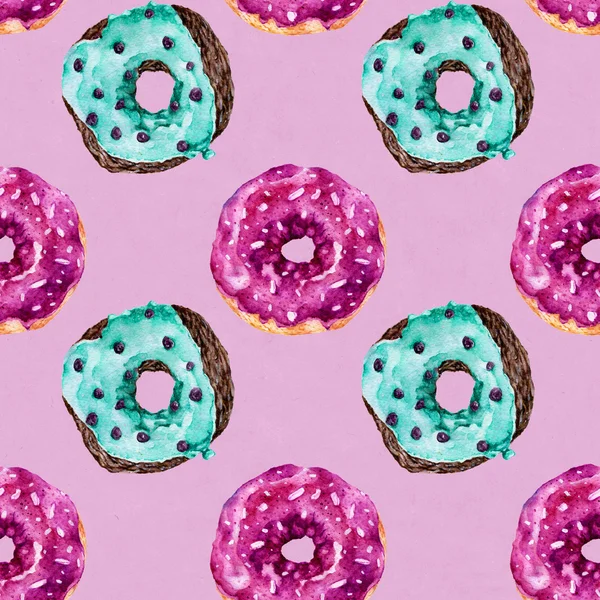 Lezzetli donuts ile Seamless modeli. Suluboya resim.