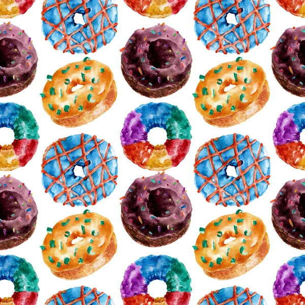 Lezzetli donuts ile Seamless modeli. Suluboya resim. — Stok fotoğraf
