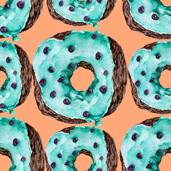 Lezzetli donuts ile Seamless modeli. Suluboya resim.