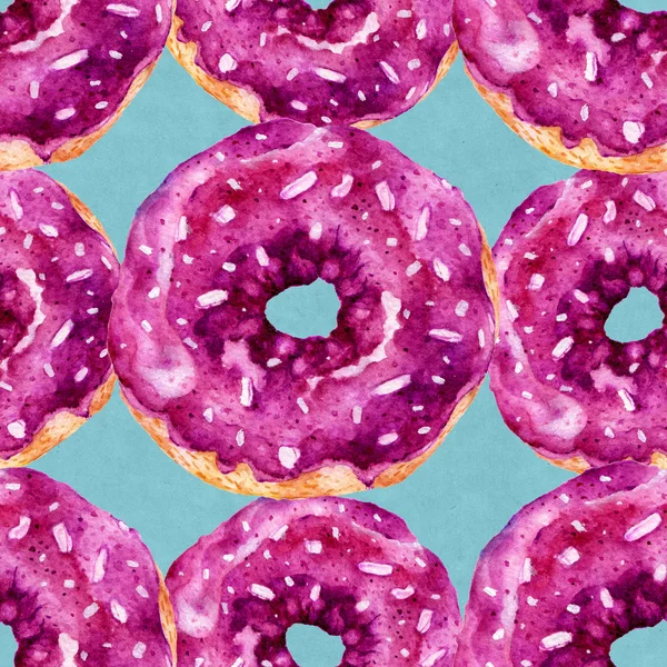 Lezzetli donuts ile Seamless modeli. Suluboya resim.