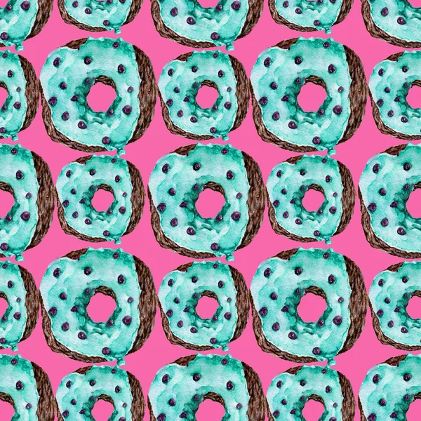 与美味甜甜圈的无缝模式。水彩插图. — 图库照片