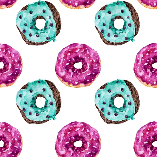 Lezzetli donuts ile Seamless modeli. Suluboya resim.