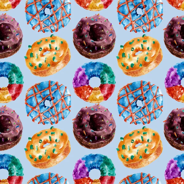 与美味甜甜圈的无缝模式。水彩插图. — 图库照片