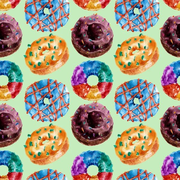 Lezzetli donuts ile Seamless modeli. Suluboya resim.