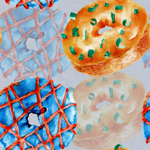 Seamless pattern with delicious donuts. Watercolor illustration. — Stock Photo, Image