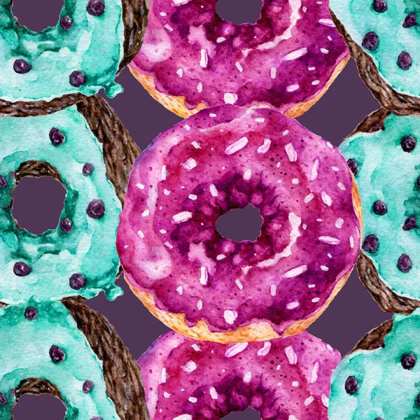Seamless pattern with delicious donuts. Watercolor illustration.