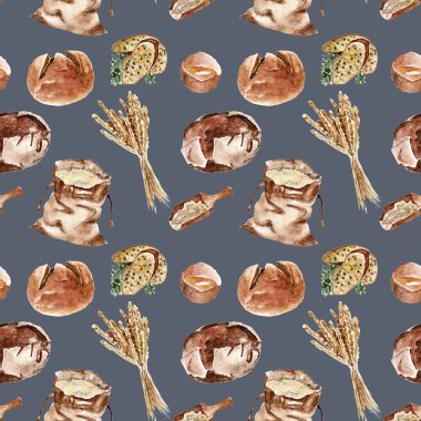 Ekmek, un, buğday ile Seamless modeli. Suluboya resim.