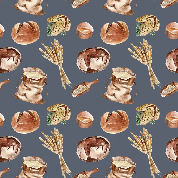 Seamless pattern with bread, flour, wheat. Watercolor illustration. — Stock Photo, Image