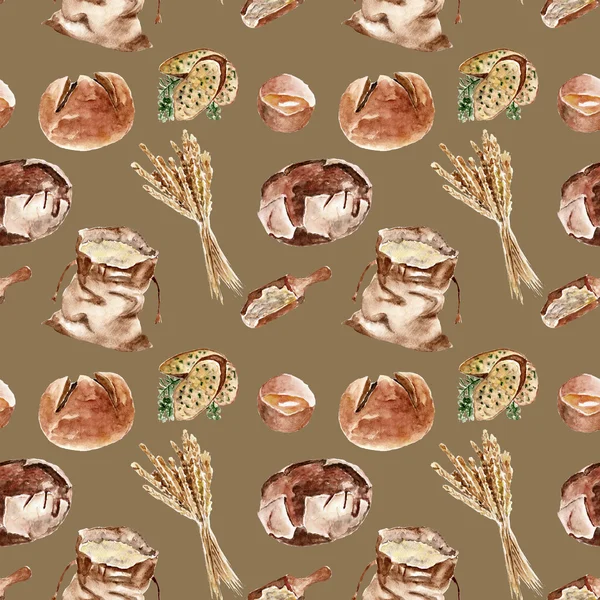 Seamless pattern with bread, flour, wheat. Watercolor illustration. — Stock Photo, Image