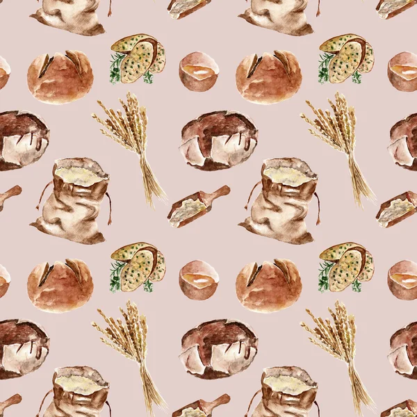 Seamless pattern with bread, flour, wheat. Watercolor illustration. — Stock Photo, Image