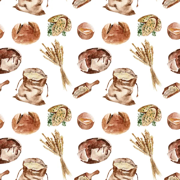 Modello senza cuciture con pane, farina, grano. Illustrazione ad acquerello . — Foto Stock