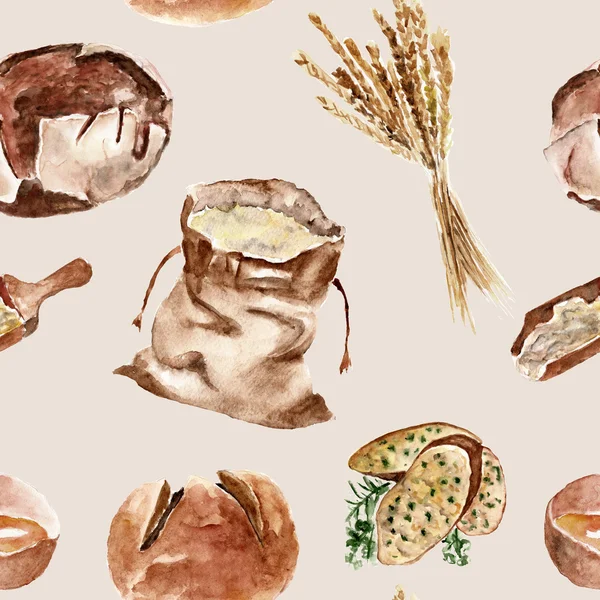Бесшовный узор с хлебом, мукой, пшеницей. Акварель . — стоковое фото