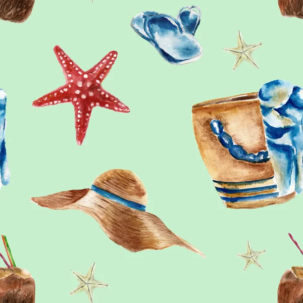 원활한 패턴 비치 가방, 신발, 선글라스와 코코넛 — 스톡 사진