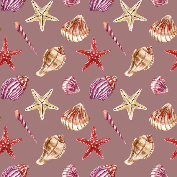 Seamless pattern with sea-shells. Watercolor illustration. — Stock Photo, Image