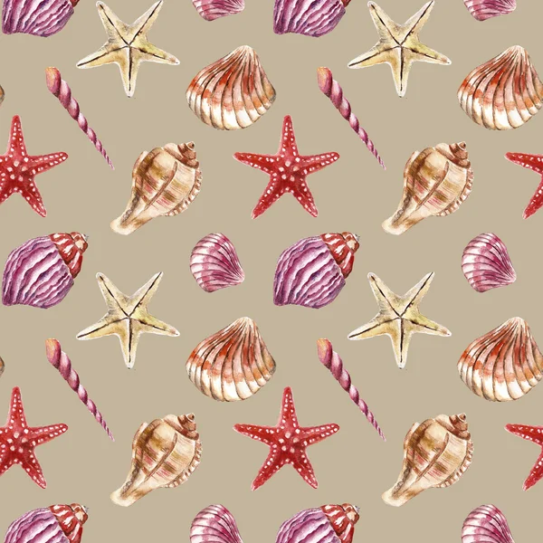 Seamless pattern with sea-shells. Watercolor illustration. — Stock Photo, Image