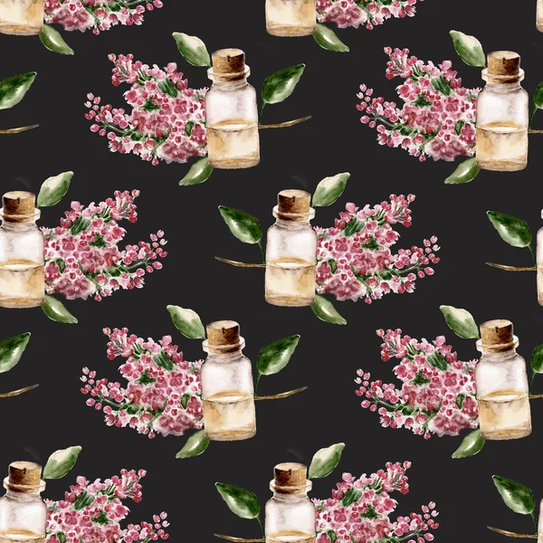 Seamless pattern with the branch of flowers and perfume bottle — Stock Photo, Image