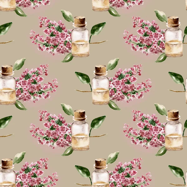 Seamless pattern with the branch of flowers and perfume bottle — Stock Photo, Image