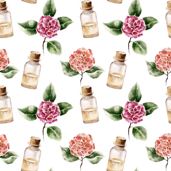 Patrón inconsútil con botella de perfume y flor de jalá amellia —  Fotos de Stock