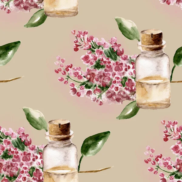 Patrón sin costuras con la rama de flores y frasco de perfume —  Fotos de Stock