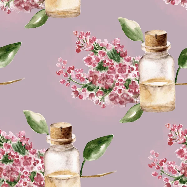 Patrón sin costuras con la rama de flores y frasco de perfume —  Fotos de Stock