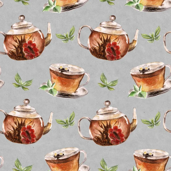 Patrón sin costuras con taza de té y tetera —  Fotos de Stock